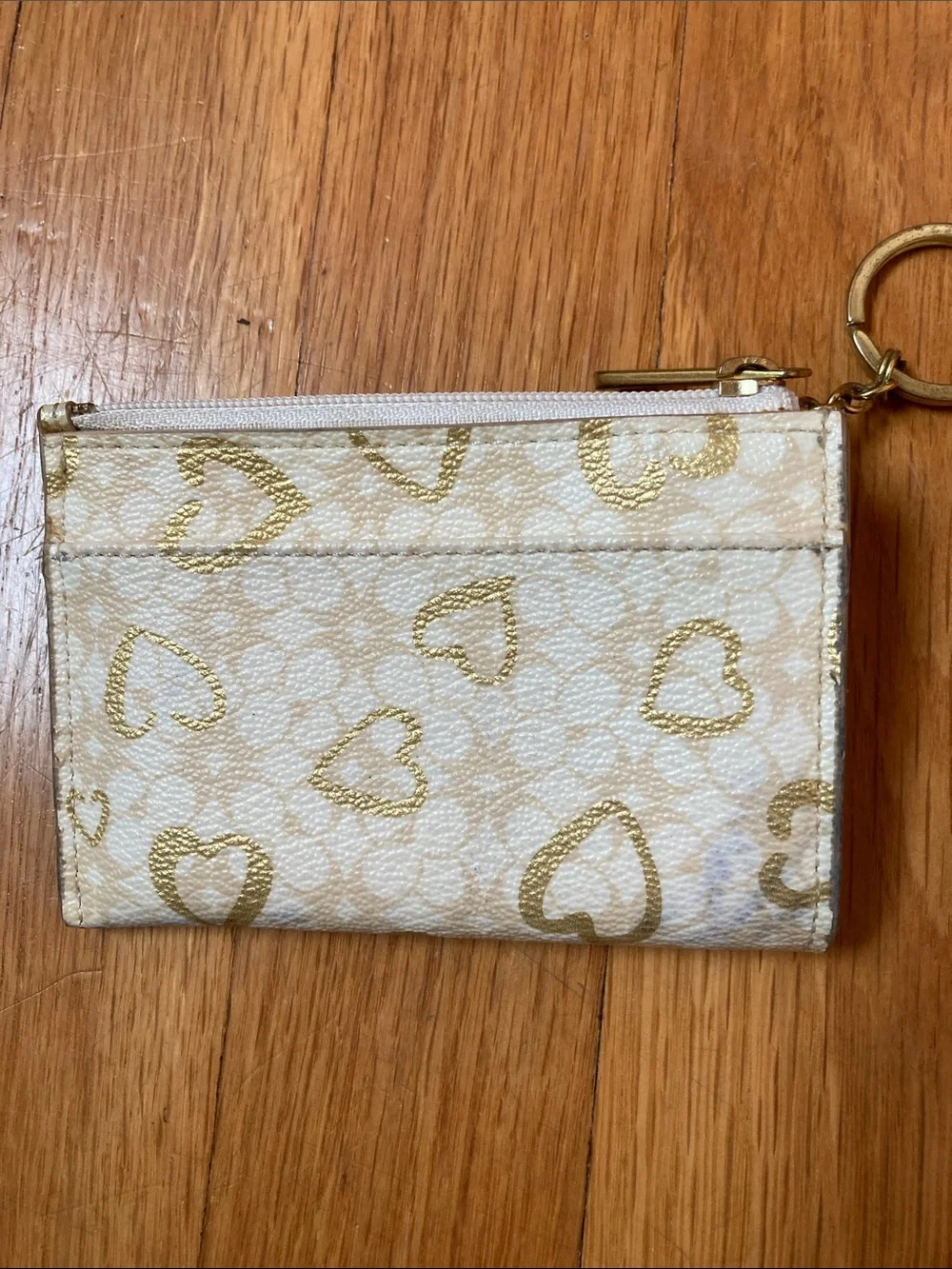 Coach Cream Card Case with Gold Heart Print and Keyring